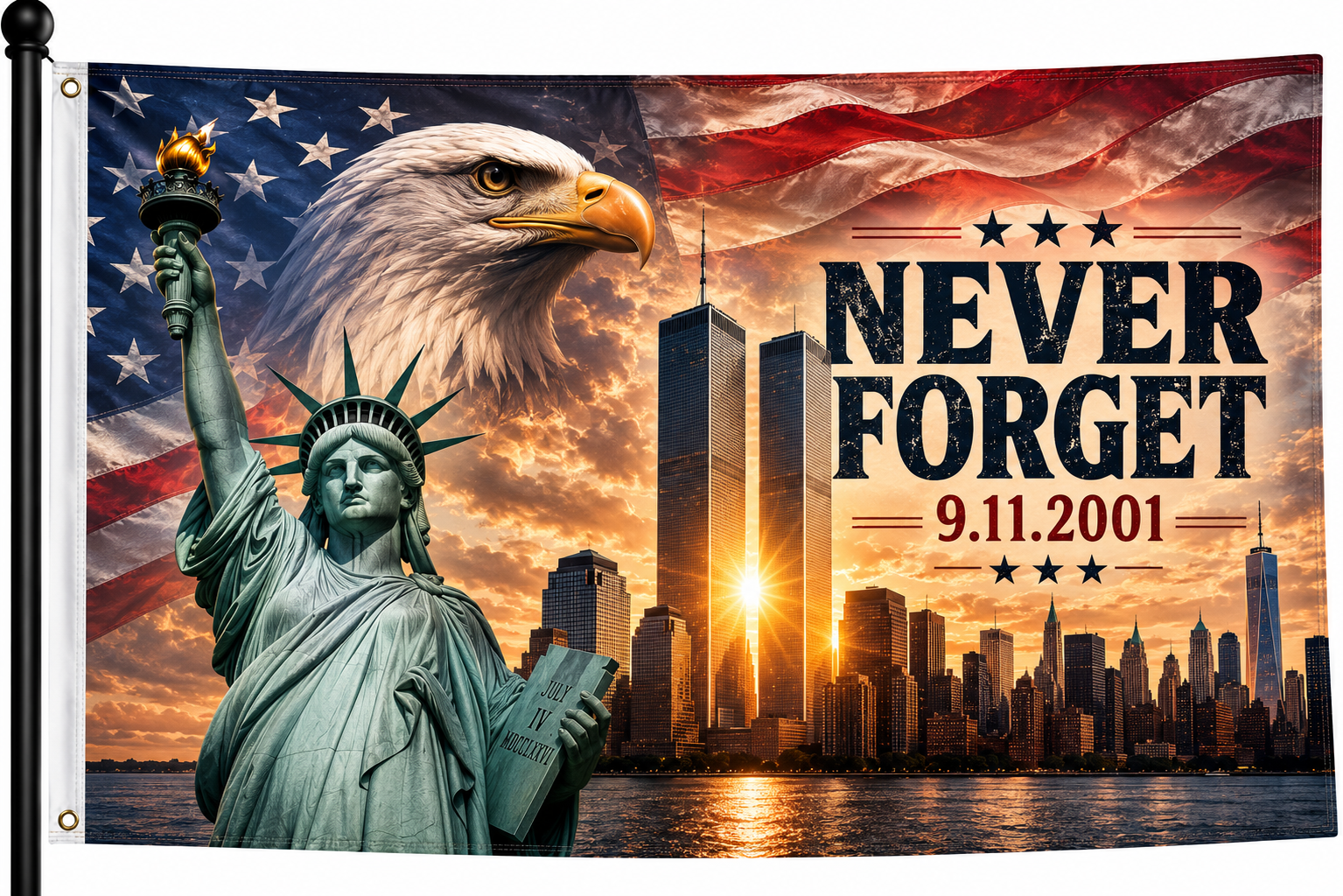 Never Forget 9/11 Tribute Flag patriotic remembrance artwork for porch or memorial display