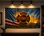 343 FDNY memorial flag displayed with ambient lighting in a patriotic home setting