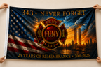 343 FDNY firefighter tribute flag held in a respectful remembrance display