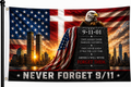Never Forget 9/11 Memorial Flag design featuring Twin Towers tribute artwork for patriotic remembrance display