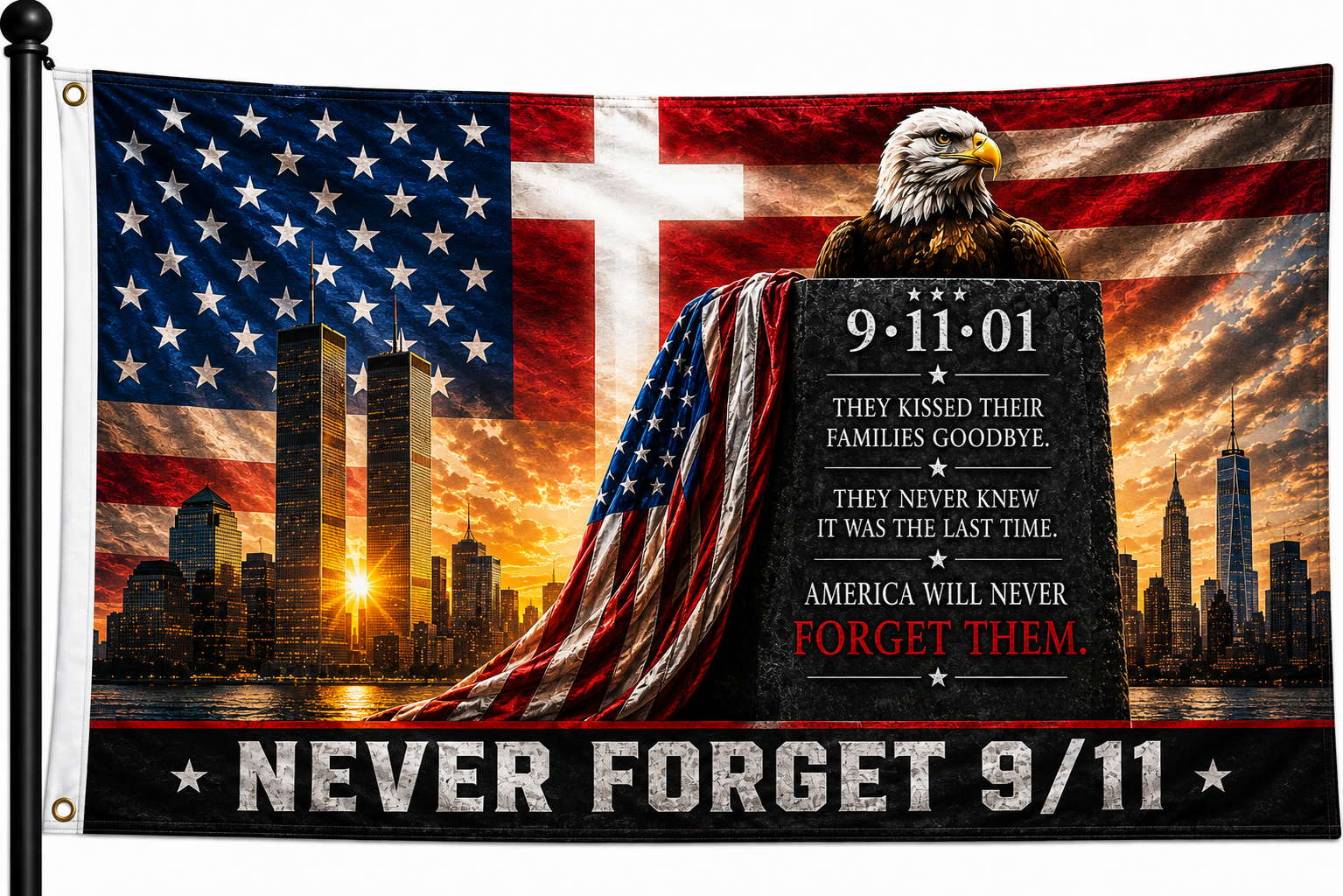 Never Forget 9/11 Memorial Flag design featuring Twin Towers tribute artwork for patriotic remembrance display