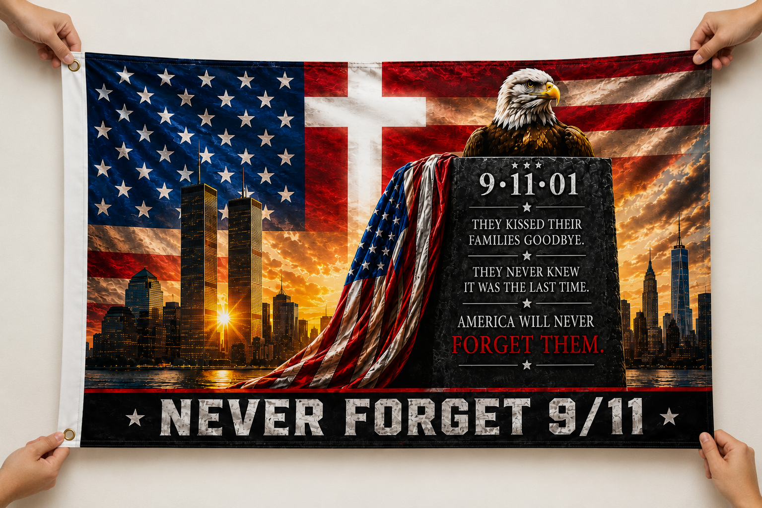 Never Forget 9/11 Memorial Flag 3x5 ft - Twin Towers Tribute Flag