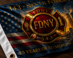 Close-up detail of 343 FDNY memorial flag showing Maltese Cross artwork and premium print quality