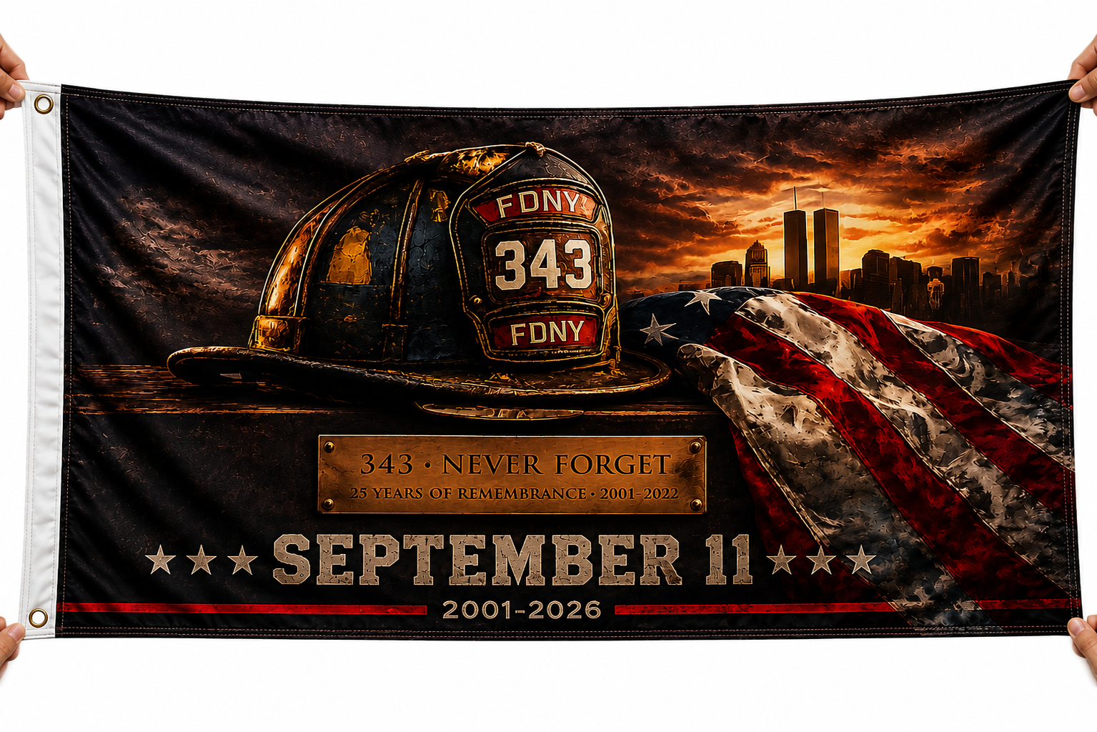 343 FDNY Firefighter Helmet Memorial Flag – Never Forget 9/11 Memorial Tribute