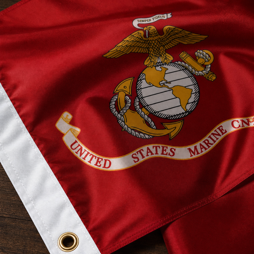 Close-up detail of USMC Red Flag grommet, binding, and eagle globe anchor emblem