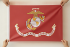 Two hands holding the USMC Red Flag stretched open, Marine Corps Semper Fi flag display