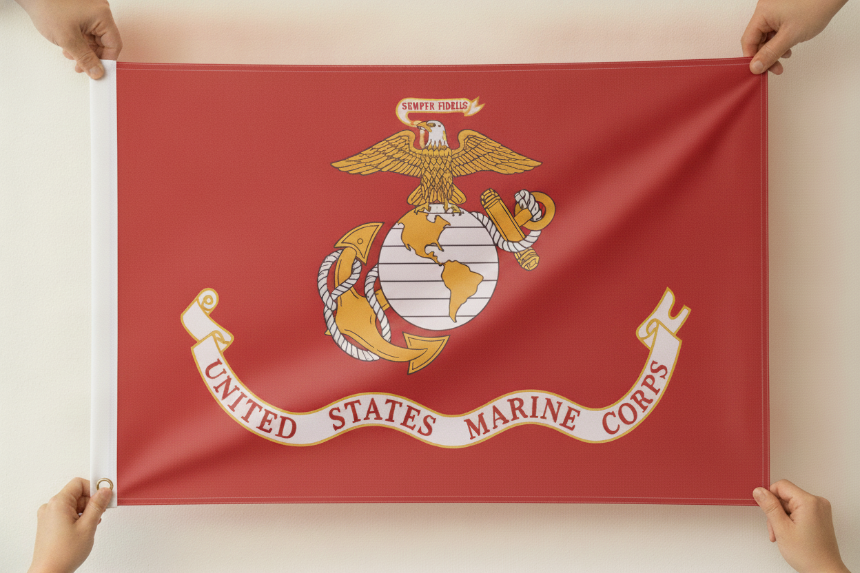 Two hands holding the USMC Red Flag stretched open, Marine Corps Semper Fi flag display