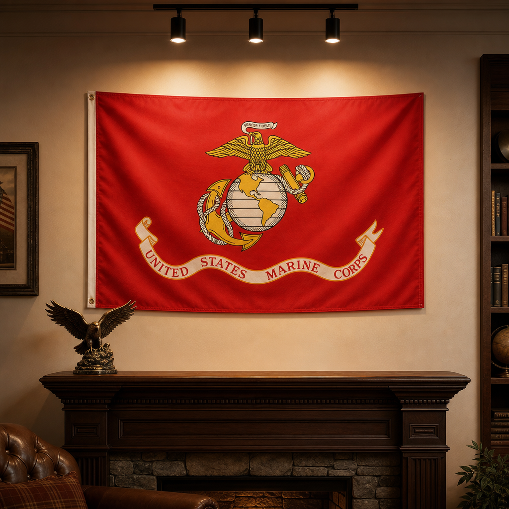 USMC Red Flag mounted on wall under three-light display fixture with eagle statue accent