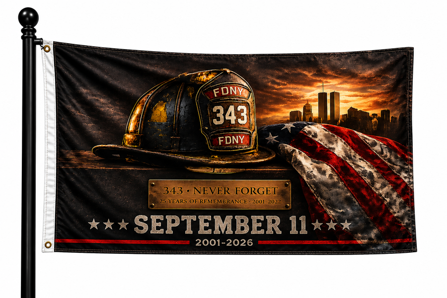 343 FDNY Firefighter Helmet Memorial Flag – Never Forget 9/11 Memorial Tribute