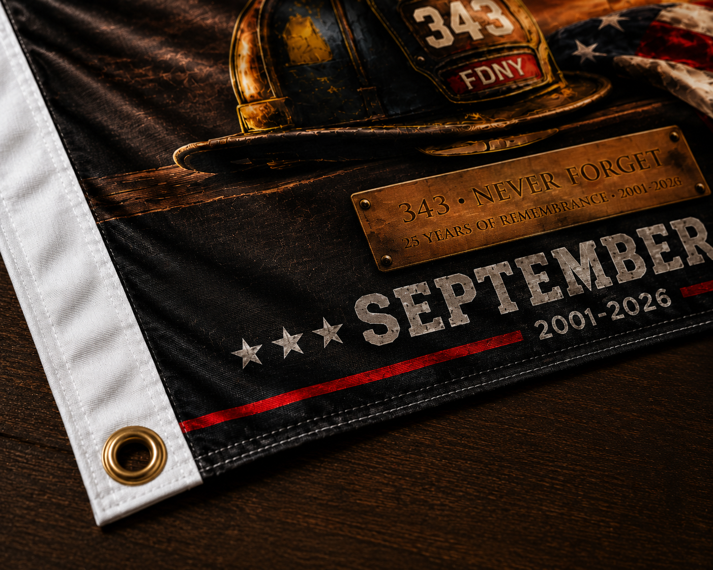 343 FDNY Firefighter Helmet Memorial Flag – Never Forget 9/11 Memorial Tribute