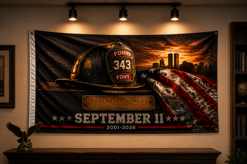 343 FDNY Firefighter Helmet Memorial Flag – Never Forget 9/11 Memorial Tribute